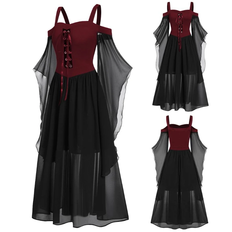 Halloween Party Witch with Charming Patchwork Bat Sleeves Big Swing Halter Dress Girls Play Costume