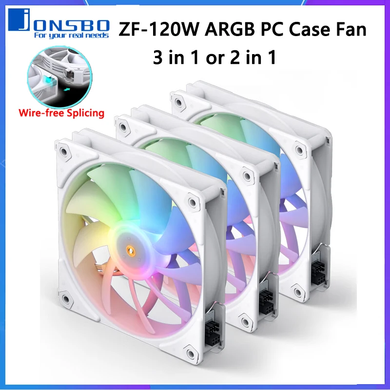 

JONSBO ZF-120W ARGB PC Case Fan Wire-free Splicing 12cm 4PIN PWM Slient Cooling Fan Addressable RGB CPU Cooling Chassis Fan