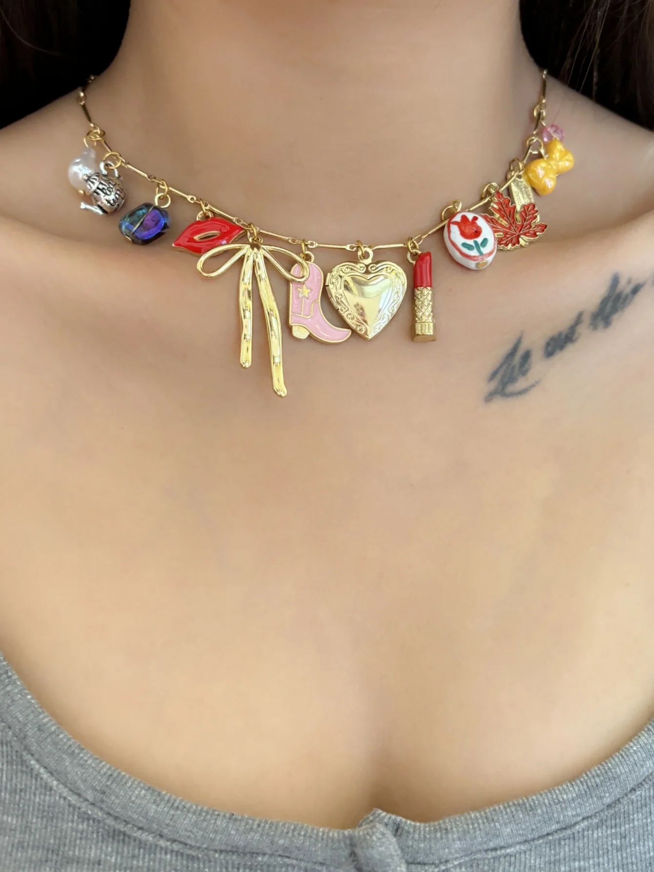 Sexy Red Lips Bow Cowboy Boots Pendant Womens Necklace