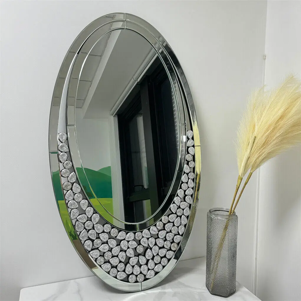 Modern Decor Mirror Large Wall Mirror Elliptical Vanity w Diamonds Crystal Frame for Home Livingroom Dining Room