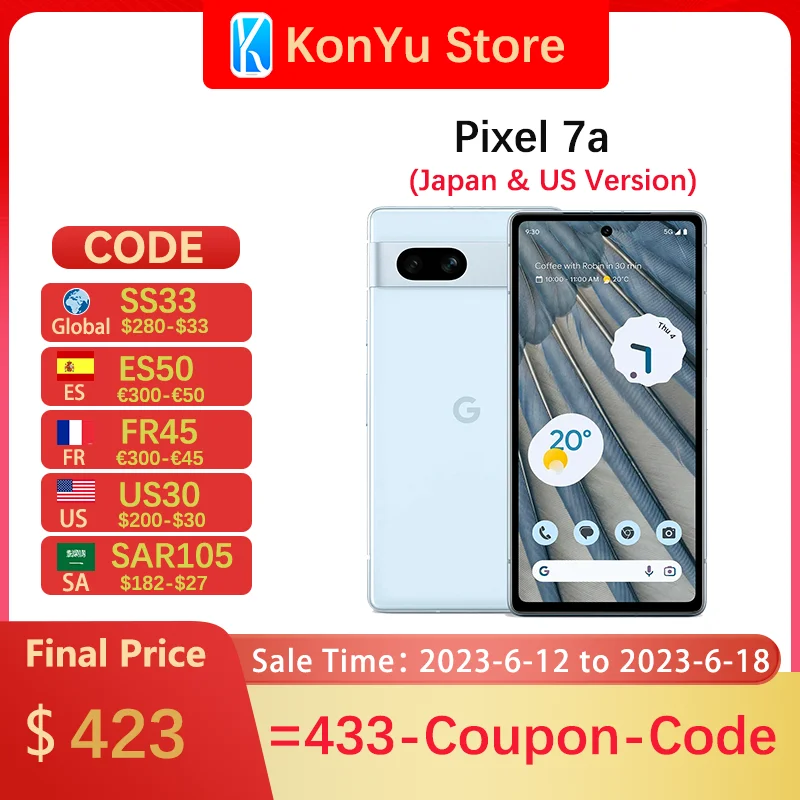  Brand New Original Google Pixel 7a Google Tensor G2 6.1 inches 64 MP + 12 MP 4400 mAh Google Smart Phone 