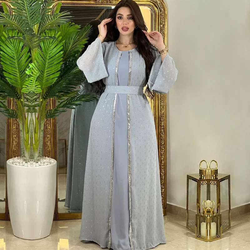 

Middle East Türkiye fashion pearl chiffon jacquard ironing strip belt gown dress