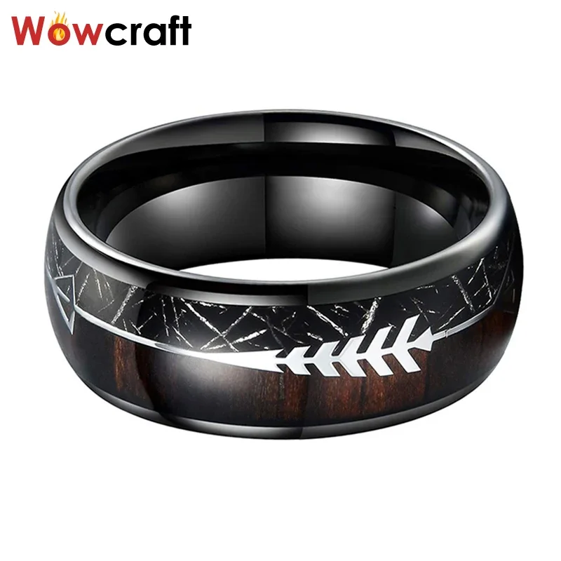 Black Meteorite Wood Steel Arrow Inlay Black Tungsten Carbide Ring Men Women Wedding Dome Band Comfort Fit Polished