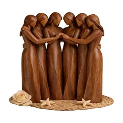 Resin Sisters Figurine - Realistic Friendship Sculpture with Natural Wood - Carved Texture Ornament (Style 6)