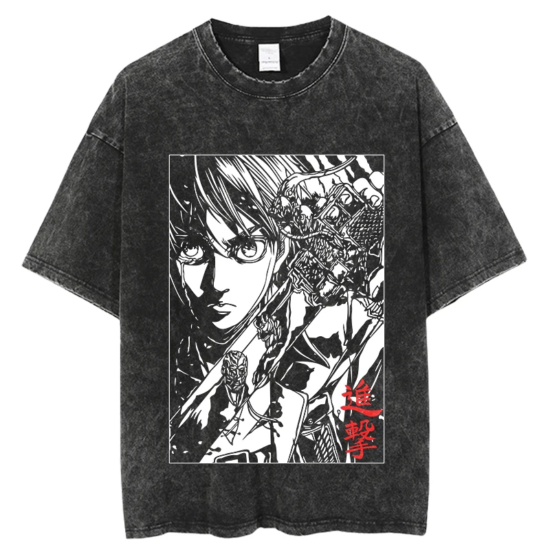 Vintage Washed Tshirts Attack On Titan Anime T Shirt Harajuku Oversize 