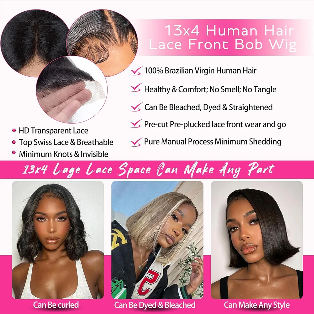 13x4 HD Bone Straight Lace Frontal Bob Wig Human Hair 100% Short Bob Glueless Wig Human Hair 250% Straight Lace Front Bob Wigs