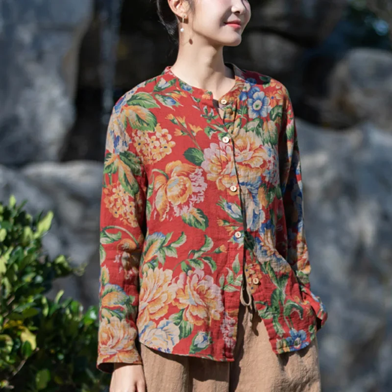 

Spring Vintage Floral Turn-down Collar Long Sleeve Blouse Women Clothing All-match Buttons Loose Shirts Ladies Korean Tops Mujer