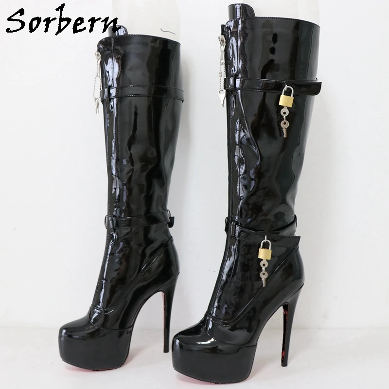 

Sorbern Black Patent Knee Boots Women With Locks Drag Queen Shoes Platform Fetish High Heels Round Toe Lockable Zipper Front