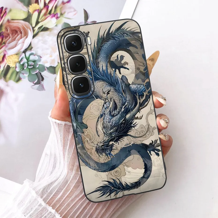 Enhanced Black Silicone Soft Phone Case with Cool Dragon, Wolf, and Tiger Design