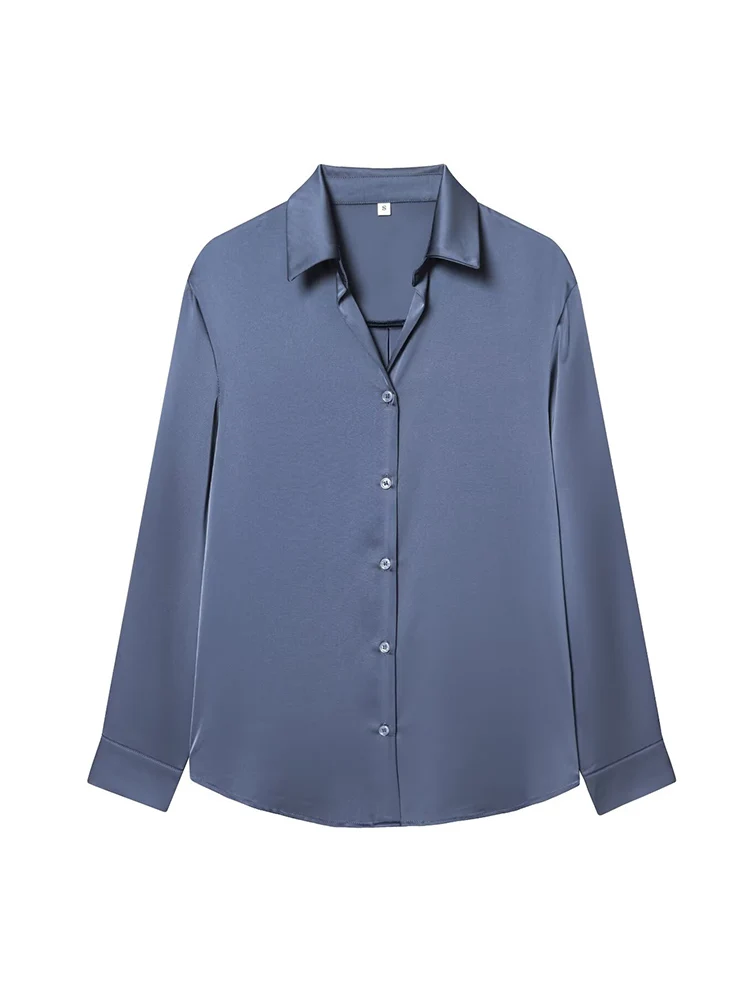 Spring New Women Blouses Elegant Long-sleeved Satin Shirt Fashion Commuting Style Solid Color OL Casual Lapel Blouse Tops