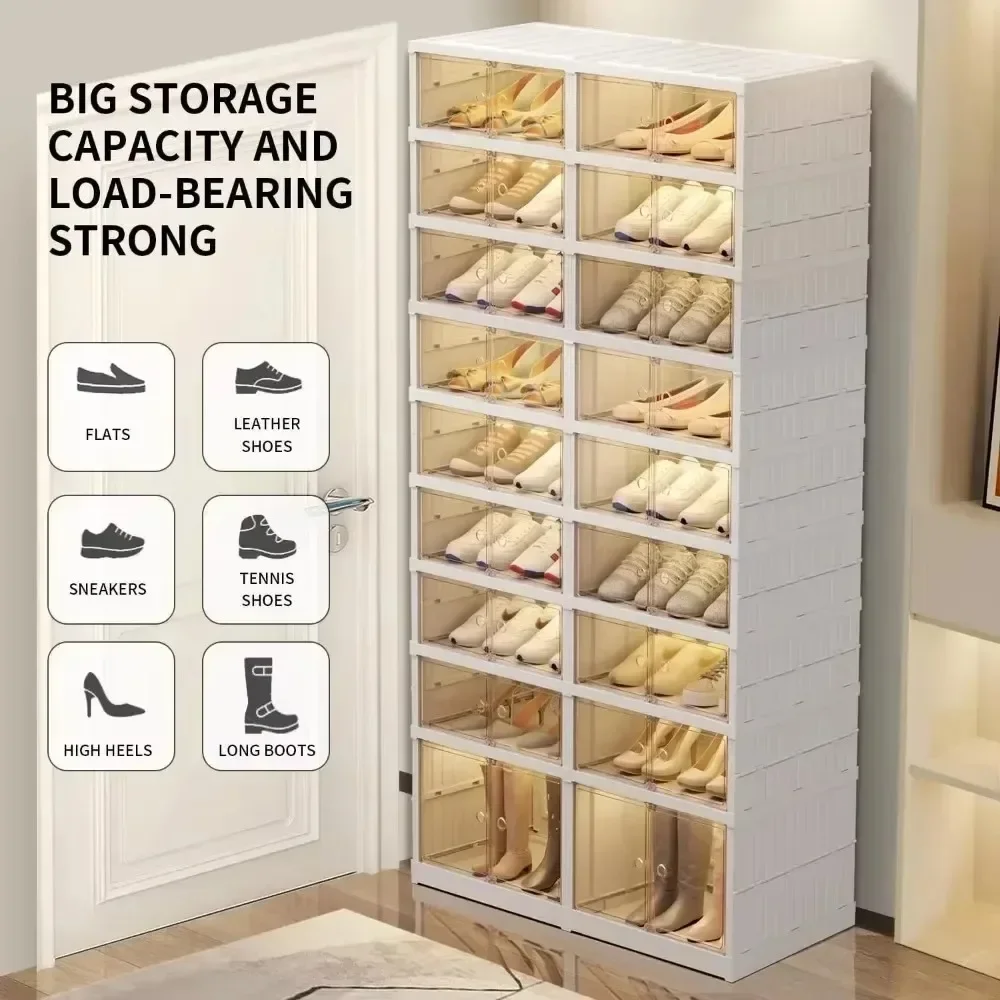 Collapsible Shoe Rack Storage Box Easy To Assemble Collapsible Shoe Box for Closet Hallway Portable White Plastic Shoe Cabinet 5