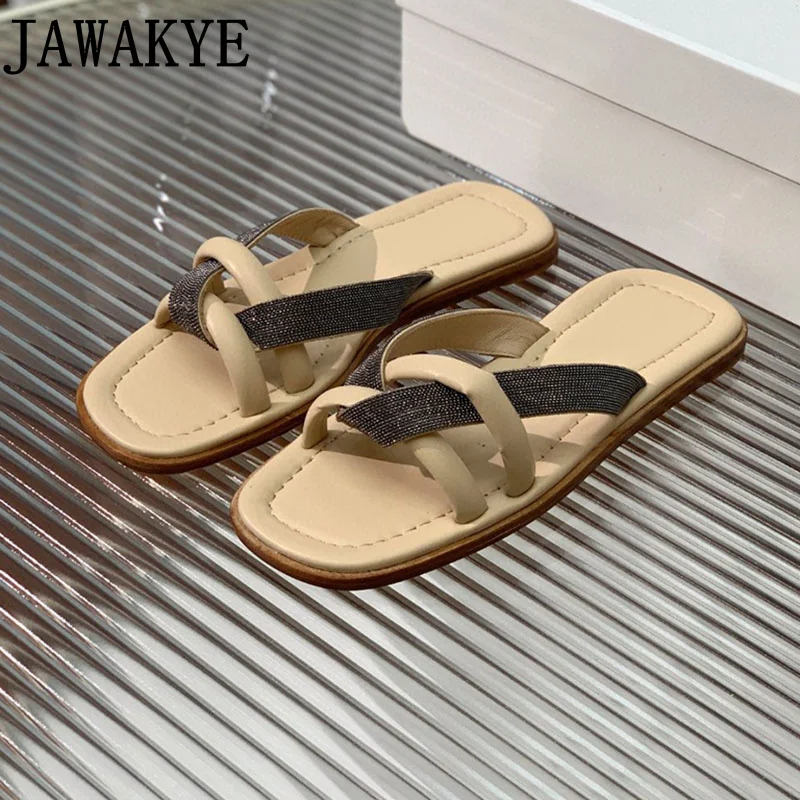 

JAWAKYE Summer Women Beach Slippers Casual Ladies Flat Heel Outdoor Flop Flops Leather Slides Shoes Women
