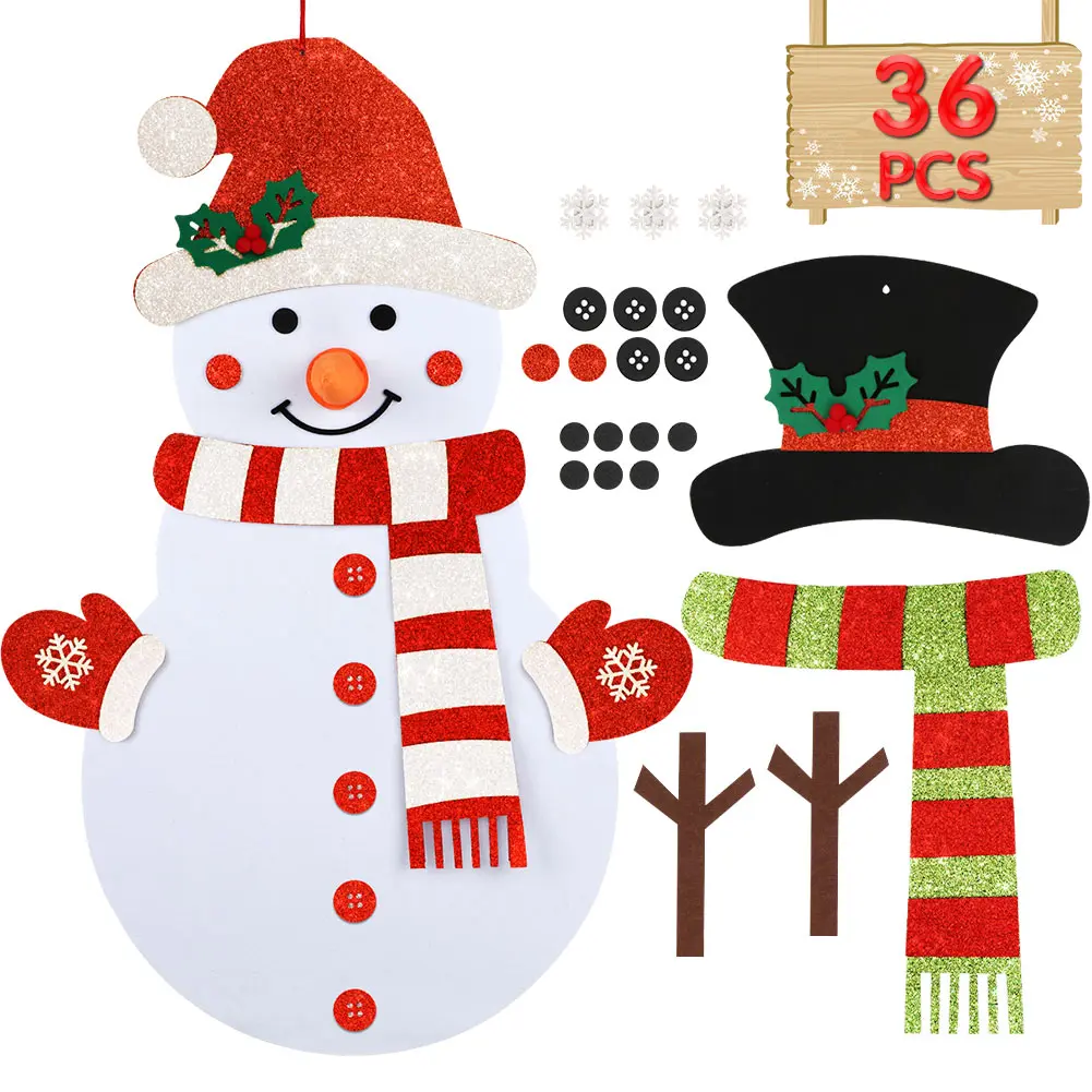 

OurWarm 3.2Ft Christmas Snowman DIY Felt Double-Sided with 35 Glitter Ornaments Xmas Home Door Wall Hanging Decor Kids Toys Gift