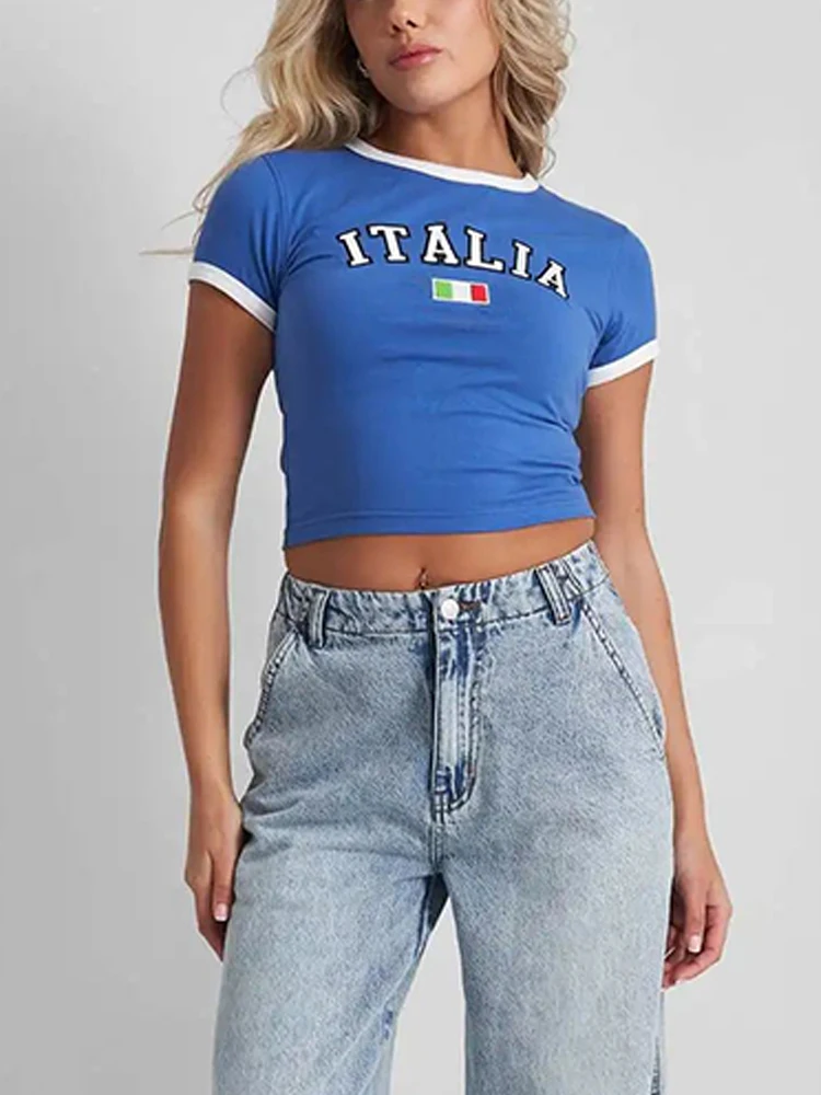 

2024 fashionable Italian letter pattern printed T-shirt Y2K women's summer Korean O-collar white-collar shirt women's sexy slim