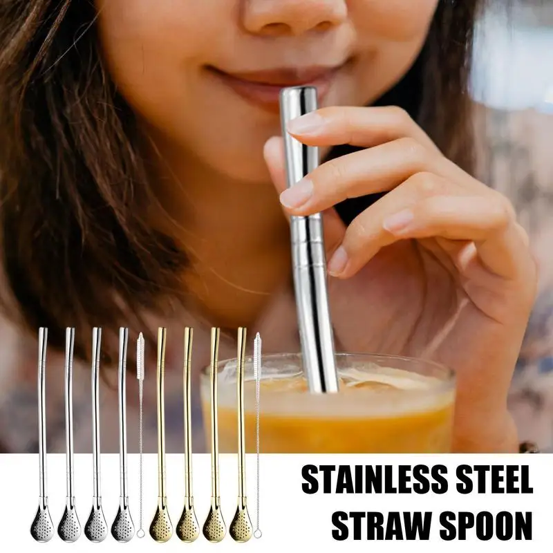 

4Pcs Straw Spoon Long Handle Mixing Yerba Mate Stainless Steel Bombilla Filter Teaspoon Coffee Stirring Spoon Bar Accessories