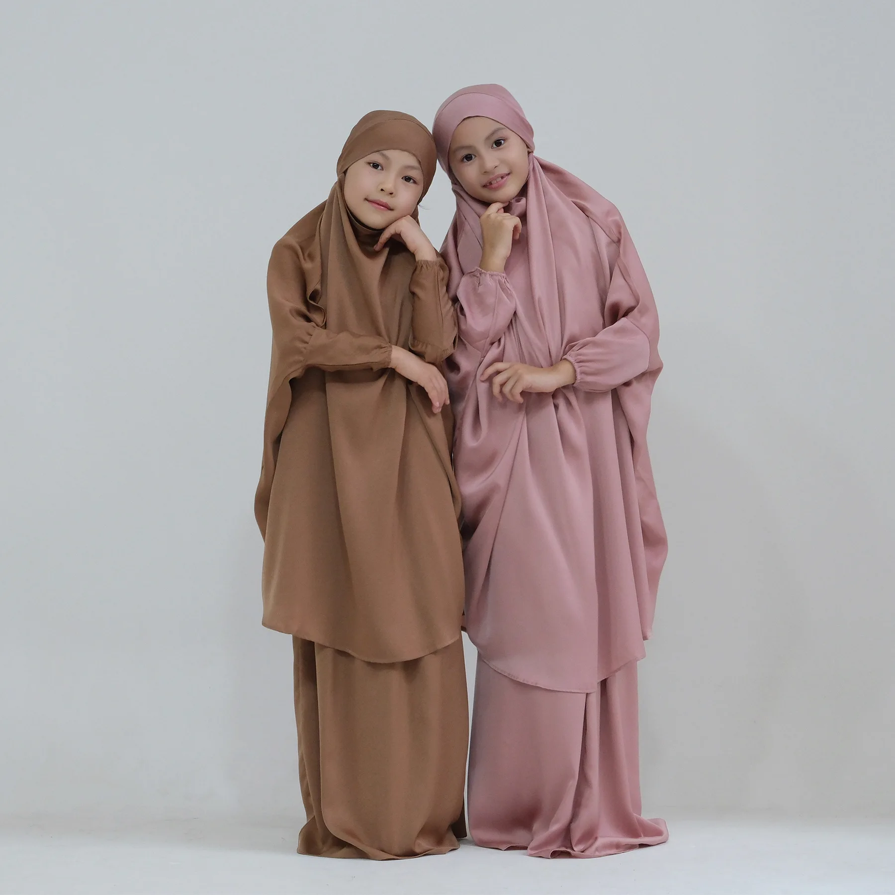 Eid Ramadan Muslim Kids Girls Hijab Dress Hooded Khimar Skirt Abaya Prayer Garment Islamic Clothing Full Cover Burqa Niqab 2PCS - Image 2
