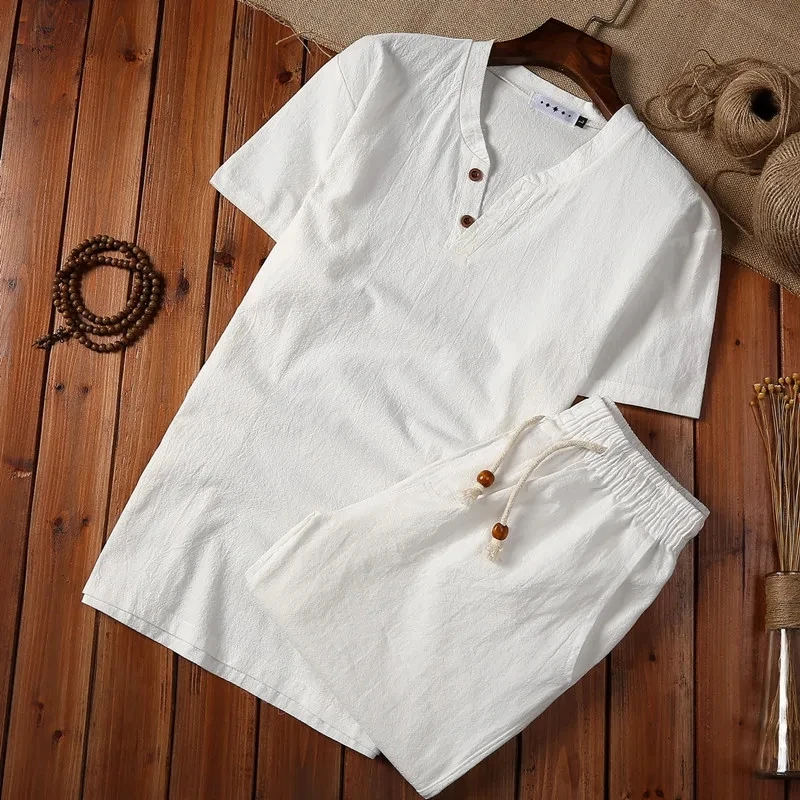 (Shirt + shorts) 2024 summer men shirt Man Cotton and linen shirts Short sleeve men's fashion casual shirts men full size M-5XL