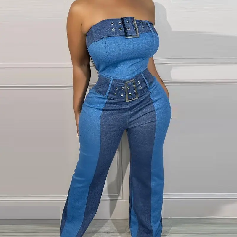 

Denim Look Print Bandeau Buckled Eyelet Jumpsuit Women Strapless Sleeveless High Waist Overall Pants Jumpsuits Summer