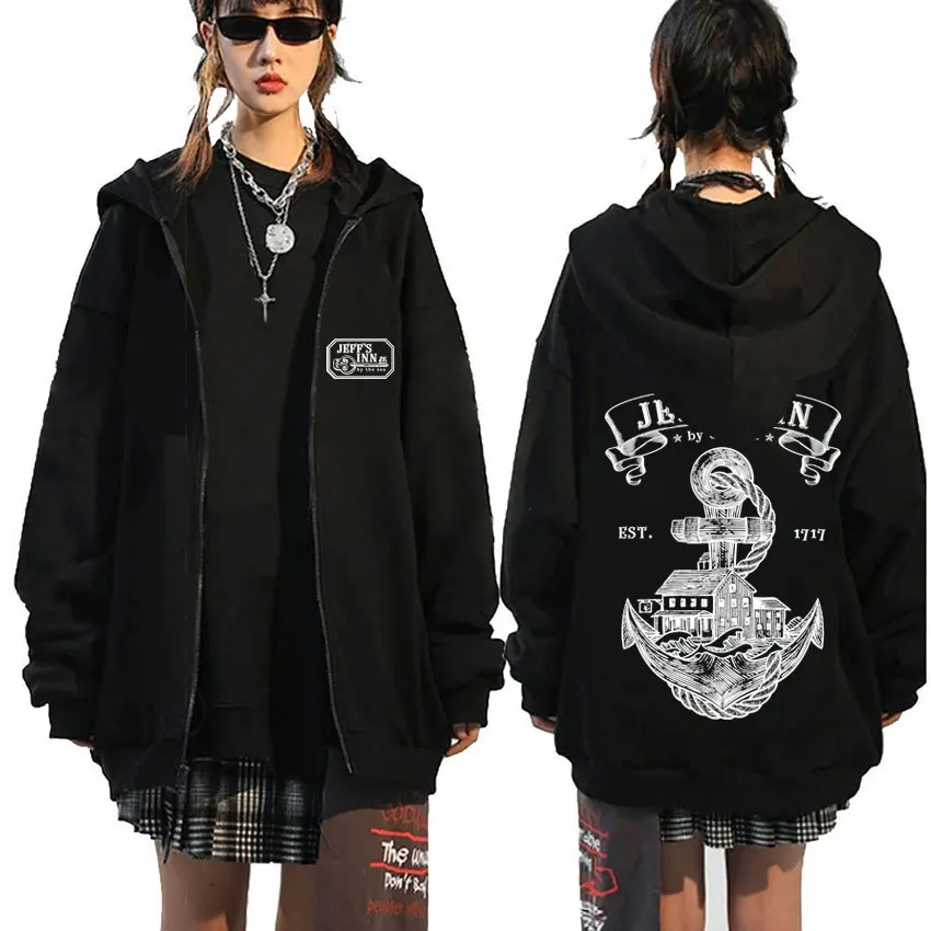 

Vintage Skeleton Key Variation Zipper Hoodies Our Flag Means Death Jeff's Inn By The Sea Print Zip Up Jacket Male Fleece Hoodies