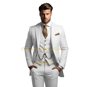 Alternative view of Men's khaki suit (jacket + vest + pants), fashionable and elegant style, high-quality tailor-made dress for wedding parties