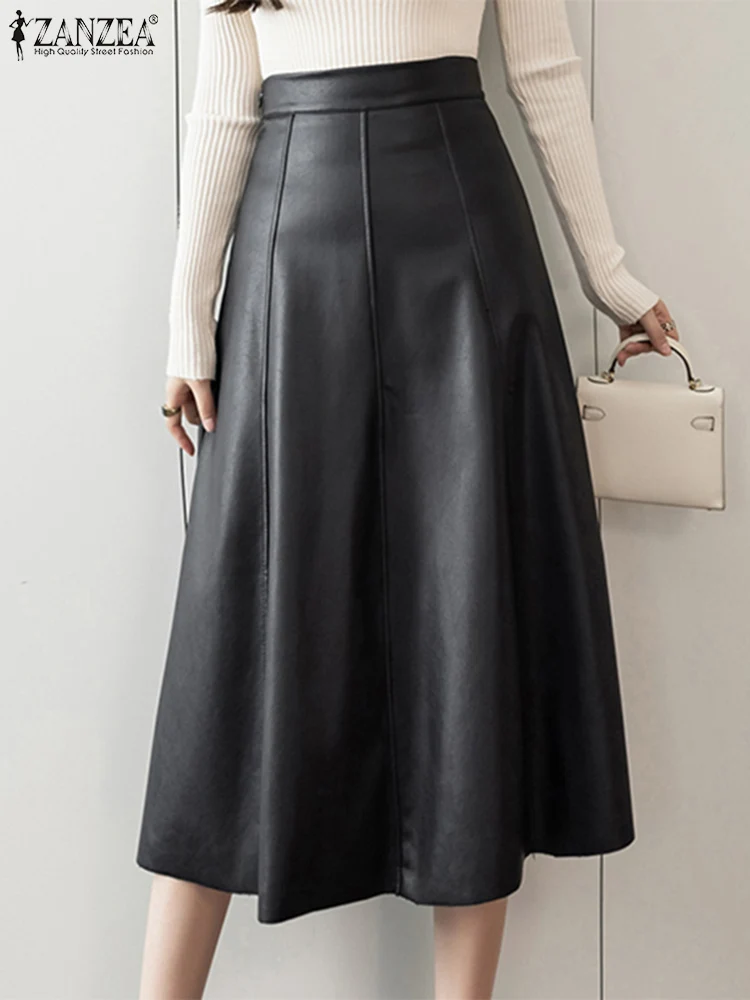 

Осенняя однотонная офисная юбка ZANZEA 2023 с высокой талией, Элегантная модная юбка с высокой талией, Женская юбка средней длины из искусственной кожи