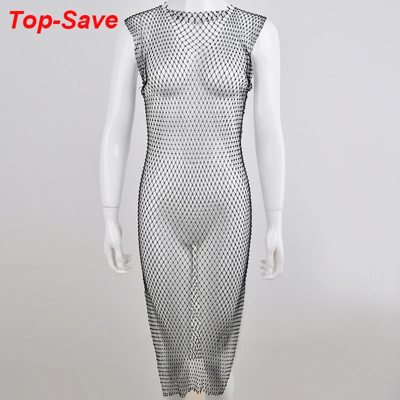 Großhandelspreis Günstiges, hübsches, sexy, glänzendes Strass-Netzkleid, ausgehöhltes Kleid, Strand-Cover-Up, Damen-Geburtstagsparty-Kleid