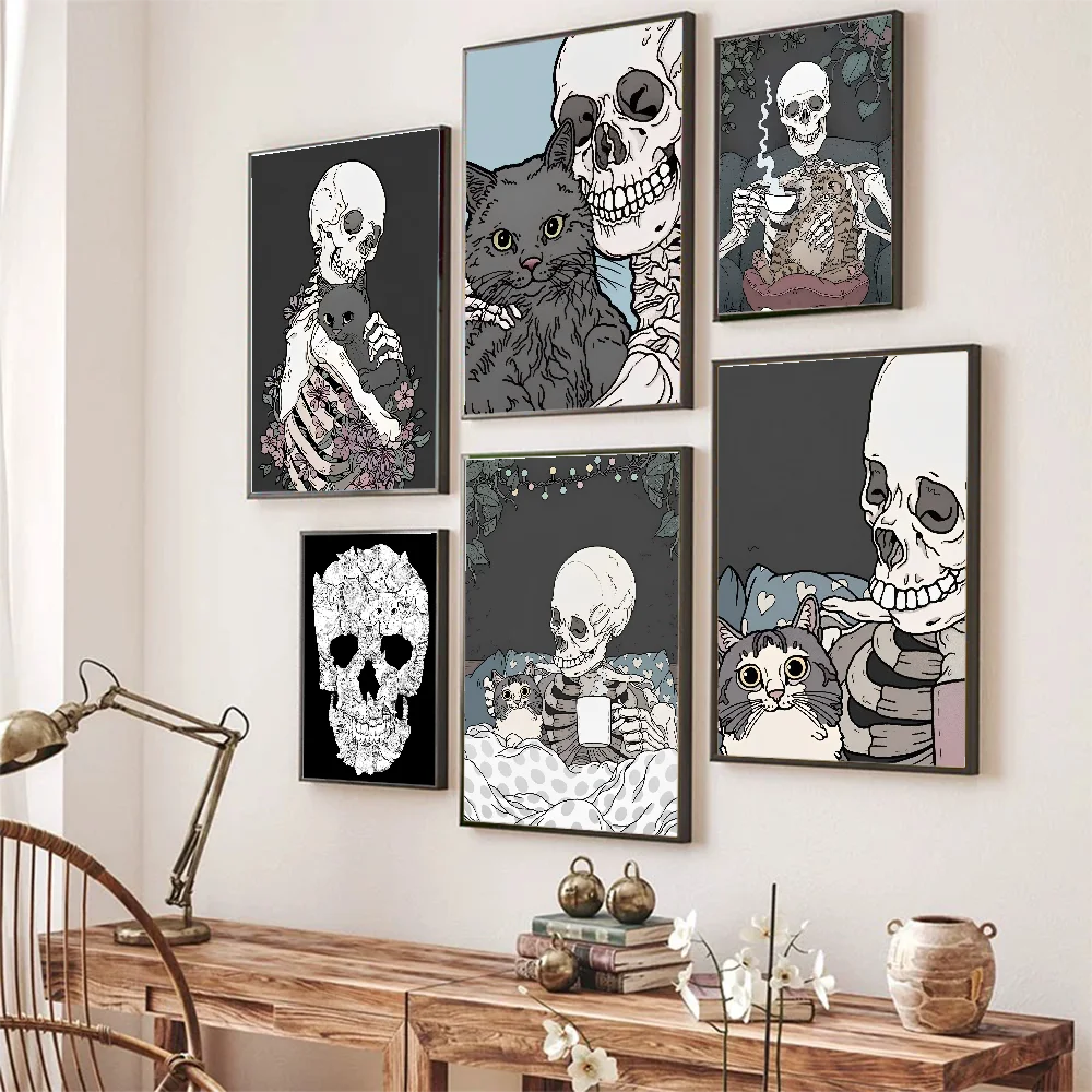 

Cute Cartoon Skull Cat Poster Self-adhesive Art Poster Retro Kraft Paper Sticker DIY Room Bar Cafe Vintage Decorative Painting
