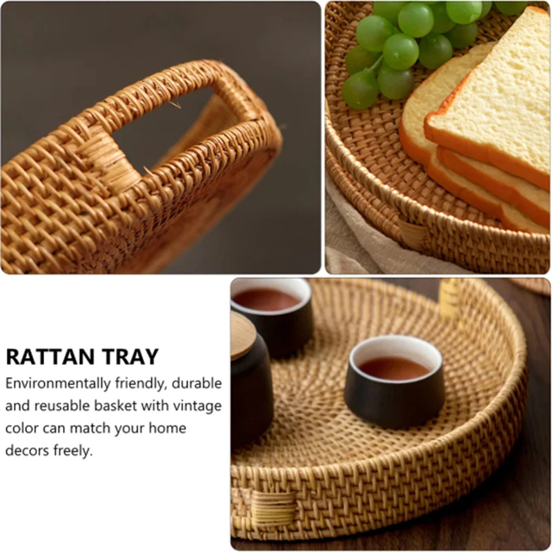 Eco Firendly Rattan Storage Tray Handwoven Wicker Basket Bread Snack Food Plate Fruit Cake Platter Dinner Serving Tray Tea Tray 3