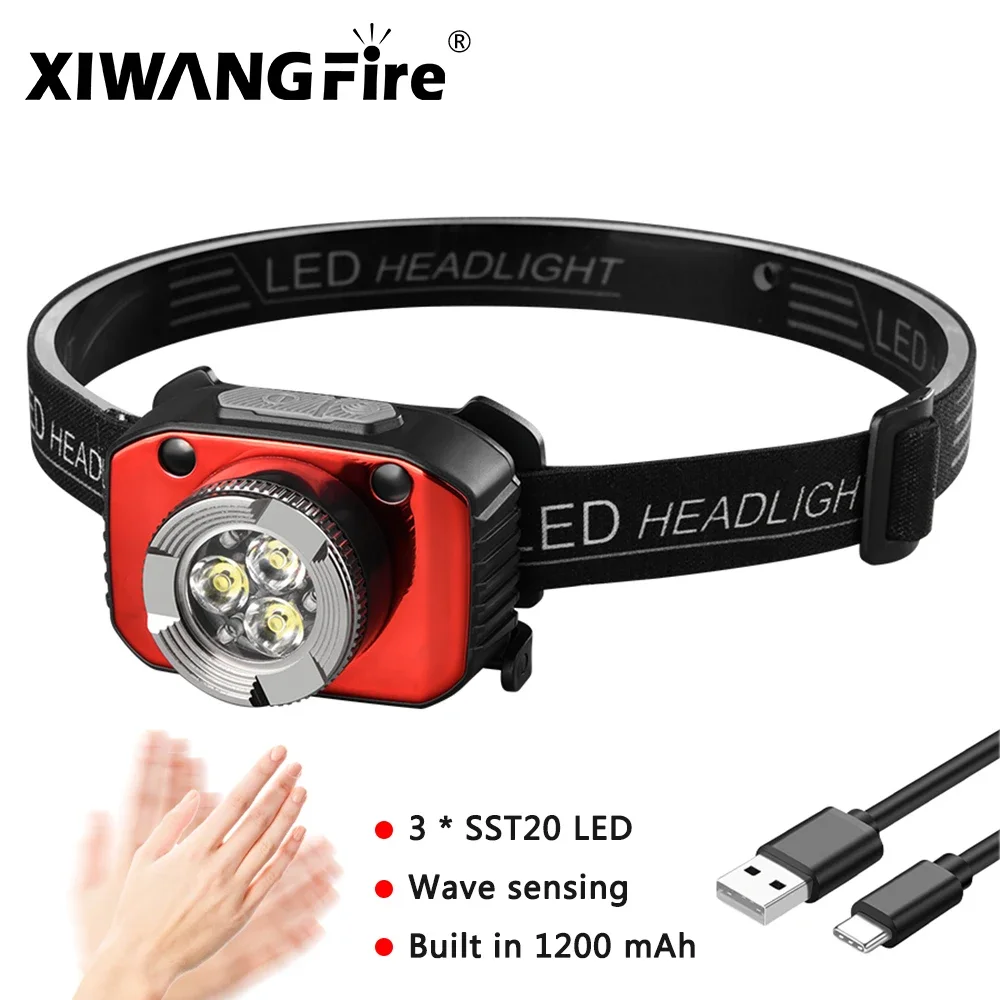 

Powerful Sensor LED Headlamp 2000lumen 3LED Flashlight USB Rechargeable 1200mah Battery Headlight Camping Fishing Lantern