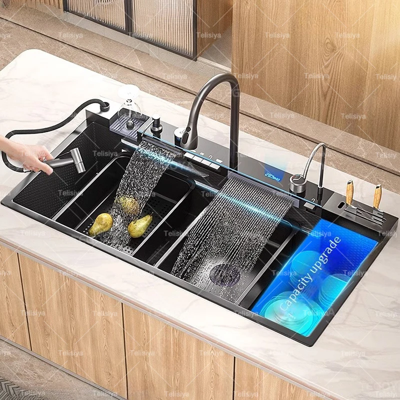 Embossed Extra Large Single Solt Stainless Steel Waterfall Kitchen Sink Digital Display Multifunctional Dishwashing Sink kitchen accessories,kitchen sink