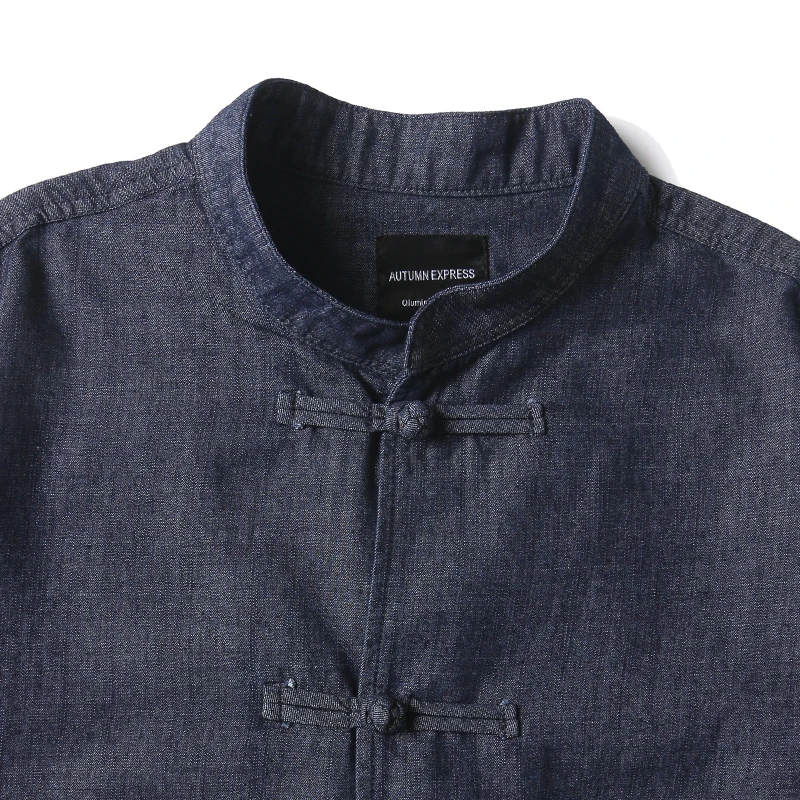 Men Summer Chinese Style Buttons Stand Collar Streetwear Vintage Loose Casual Short Sleeve Denim Shirts Cityboy Blouses Man 4