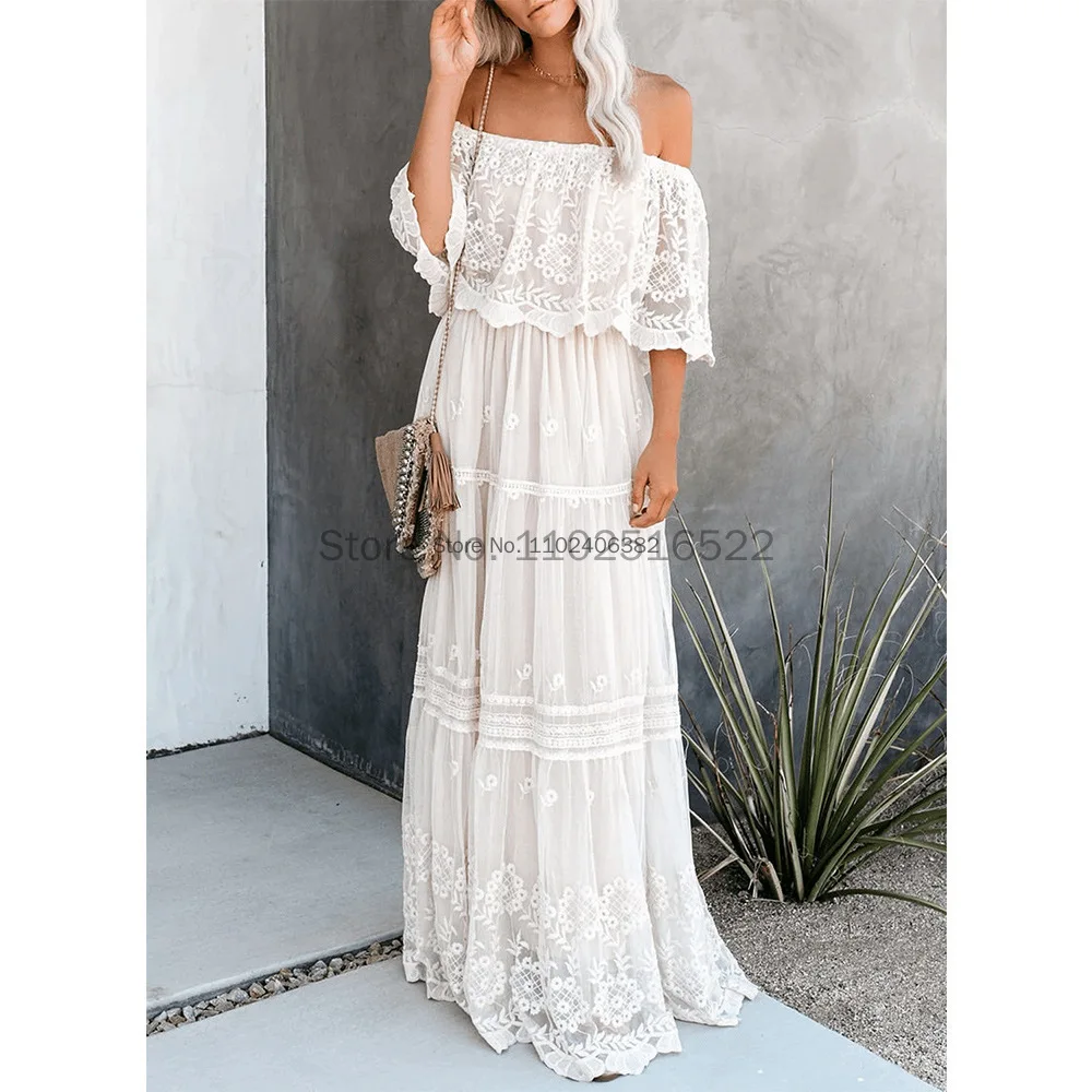 

2023 Summer European and American White Women's Elegant High Waist Off Shoulder Lace Dress Long Dress
