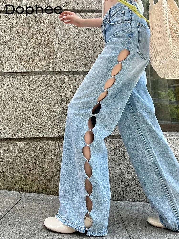 Fashionable High Waist Wide Leg Jeans Women 2023 Spring Autumn New Sexy Hollow Rhinestone Casual Straight-Leg Long Pants Female european street long skinny rhinestone jeans women s denim trousers 2023 new autumn stretch high waist slim horseshoe pants