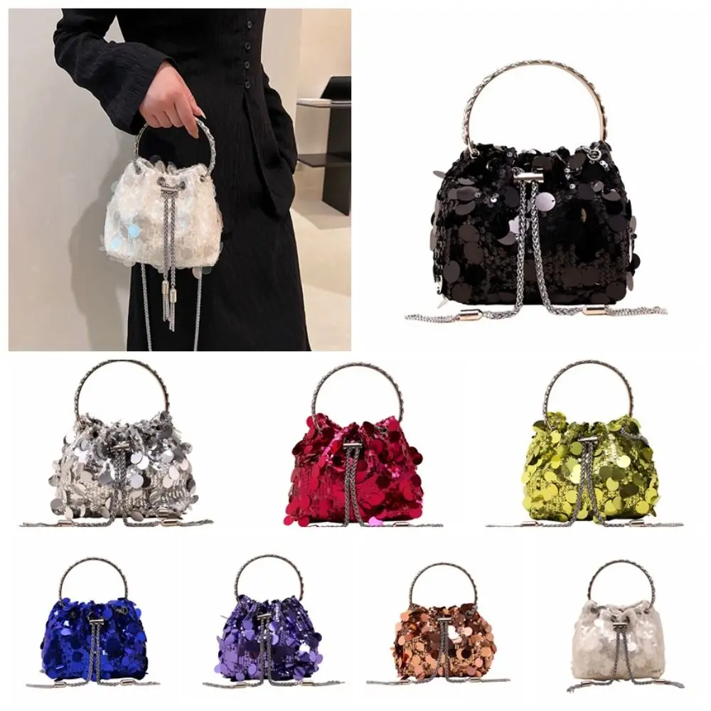 

Shiny Evening Banquet Bag Mini with Round Handle Handbag Mini Bucket Bag Chain Tassel Crossbody Bag Wedding