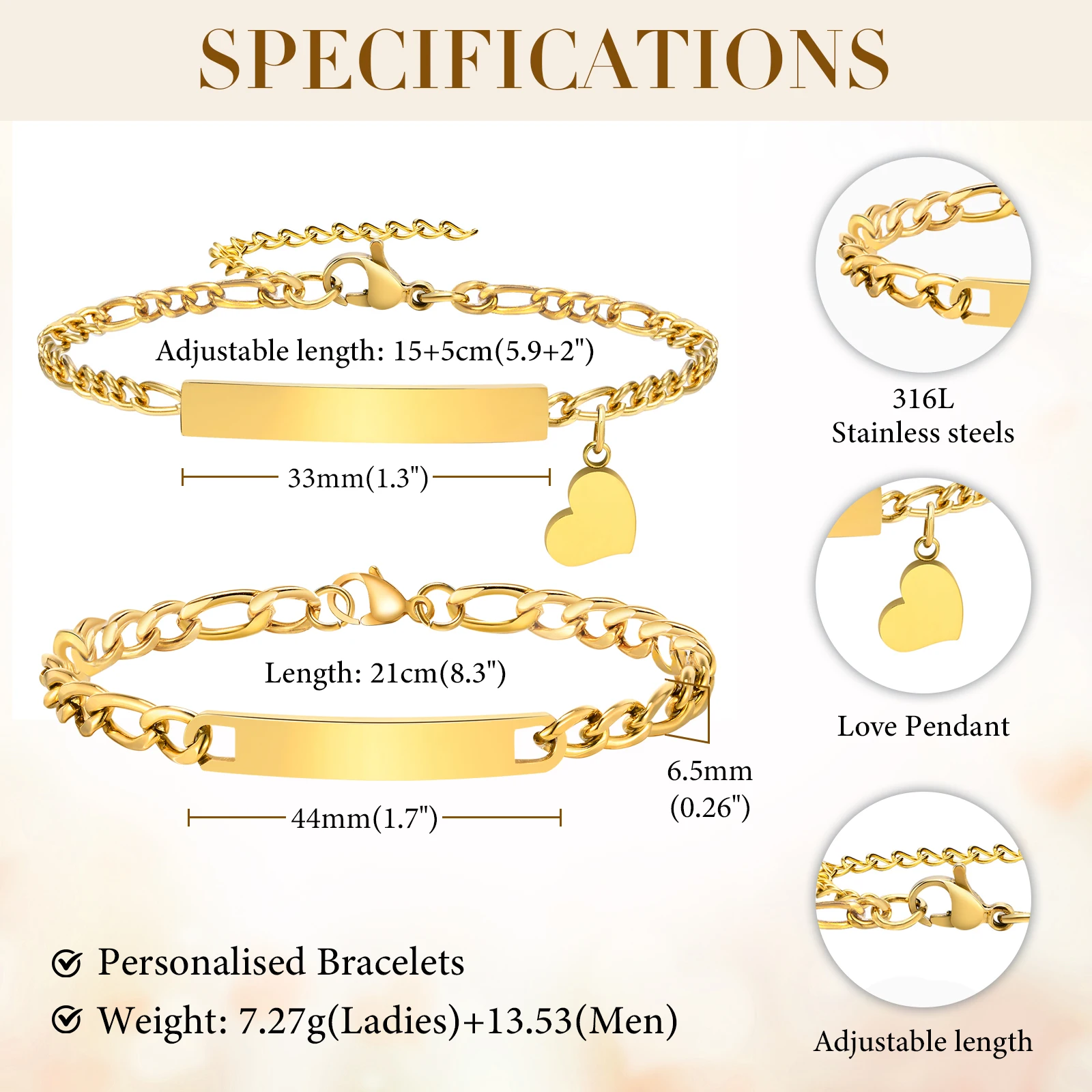 Free Personalized Custom Heart Bracelets for Women Men, Engraving Name Date ID Couple Bracelet for Lover, Valentine's Day