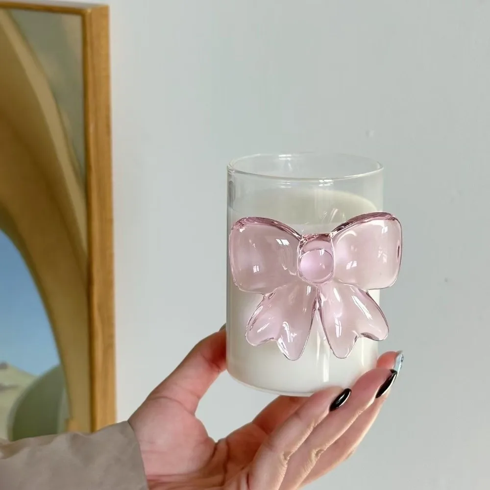 Multi-Use Transparent Pink Bow Glass High Borosilicate Heat-Resistant Drinking Glasses 3D Milk Glass Cup Restaurant