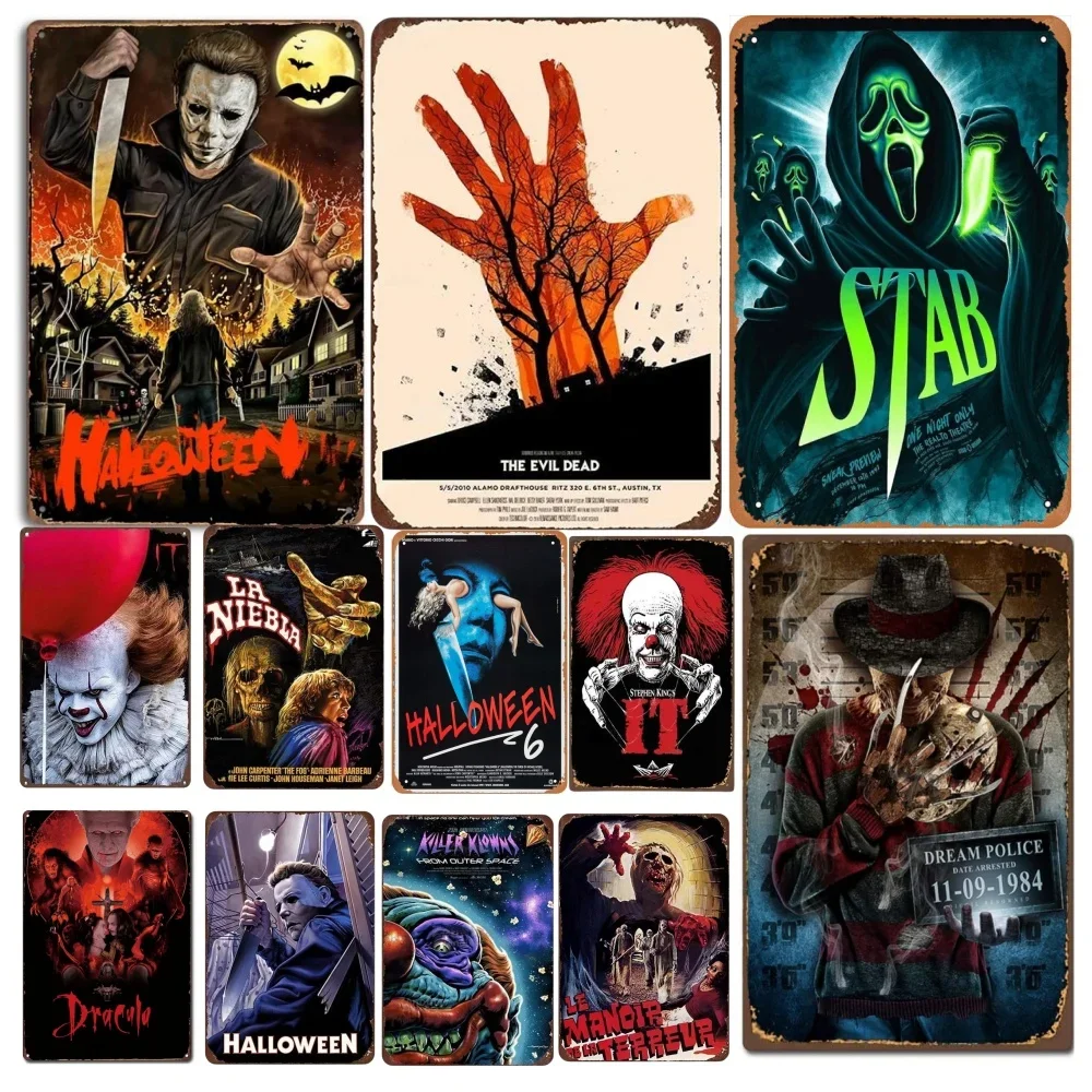 Retro Halloween Metal Sign Horror Movie Theme Shabby Iron Painting Tin Signs Wall Art Man Cave Film Theater Club Home Decoration