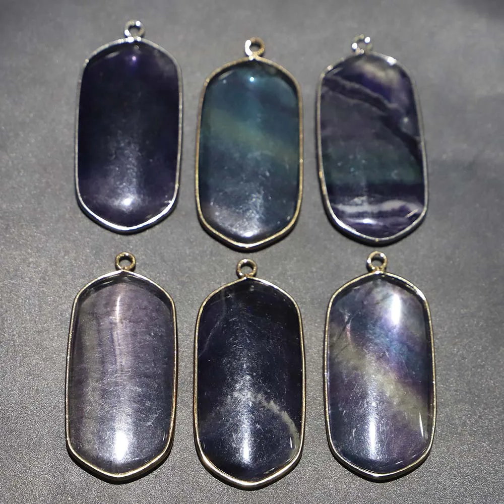 Fashion Natural Fluorite Polygon Gilt Edged Pendant Mineral Healing Necklace Reiki Charms DIY Jewelry Accessories Wholesale 6Pcs