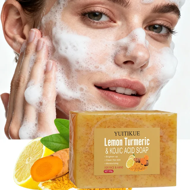 Savon Yuitikue au citron, curcuma et acide kojique, 100g, barre nettoyante éclaircissante pour le visage et les mains, soin hydratant pour la peau 1