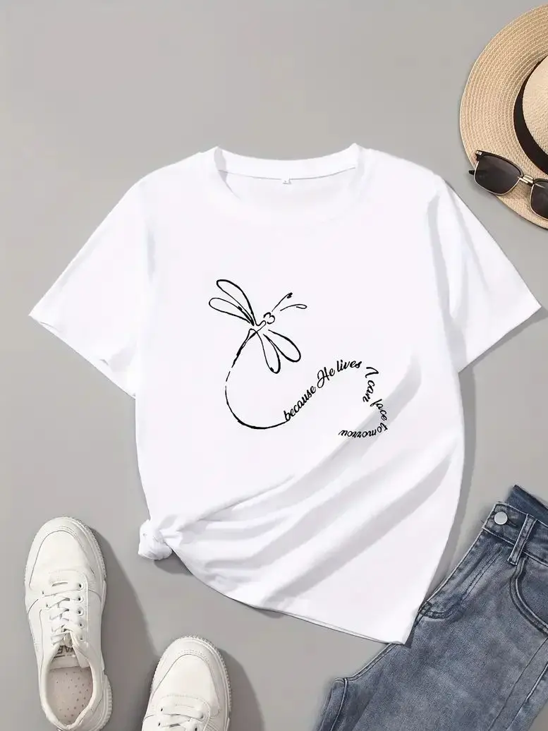 

Dragonfly Letter Love Pattern T-shirt Minimalist Fun Retro Women's T-shirt Fashion Casual Summer Top Harajuku 2024 New