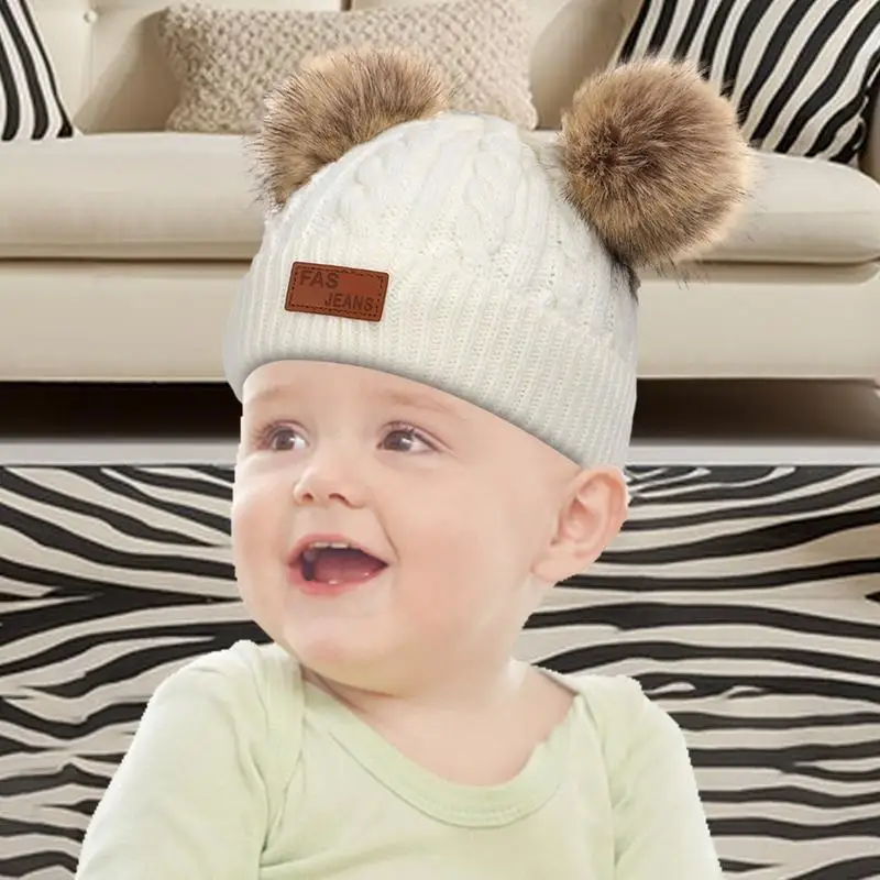 Kids Double Pompom Hat Knitted Ski Beanie Hat Comfortable Warm Stretchy Kids Beanie Hats For Boys Girls Toddler Baby School