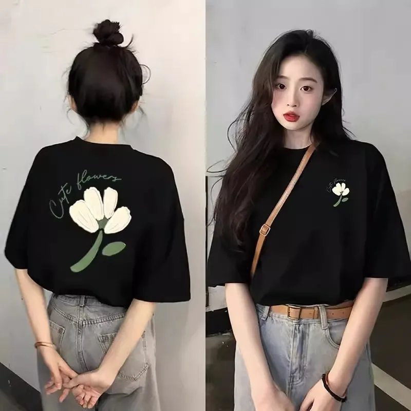 Heavyweight Pure Cotton Summer Short Sleeves T-shirt Printed Loose Niche College Style Youth All-Match Top 2