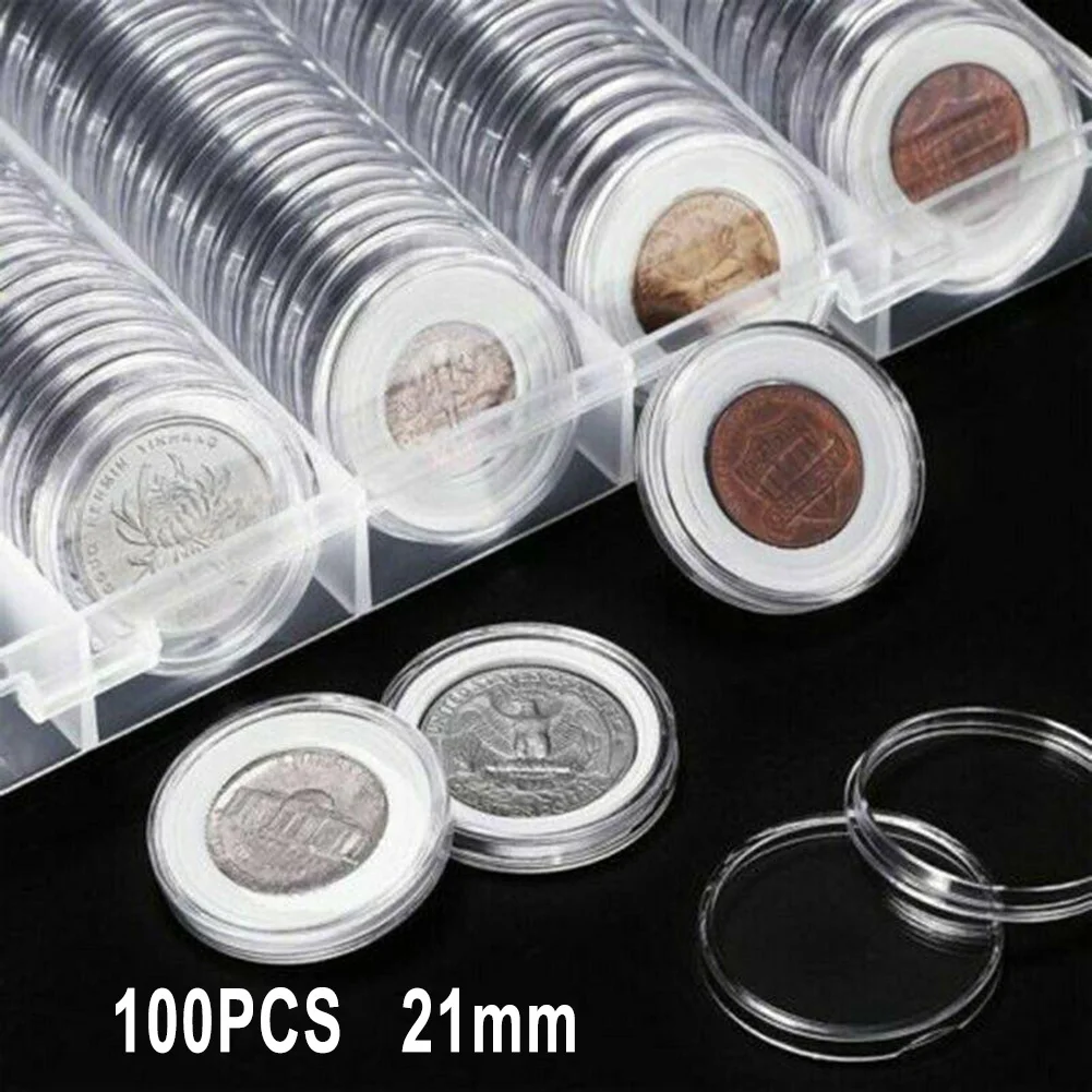 

100Pcs Clear Coin Capsule Holder Case 21mm Transparent Collectable Coin Storage Box For Commemorative Coin Medal Container