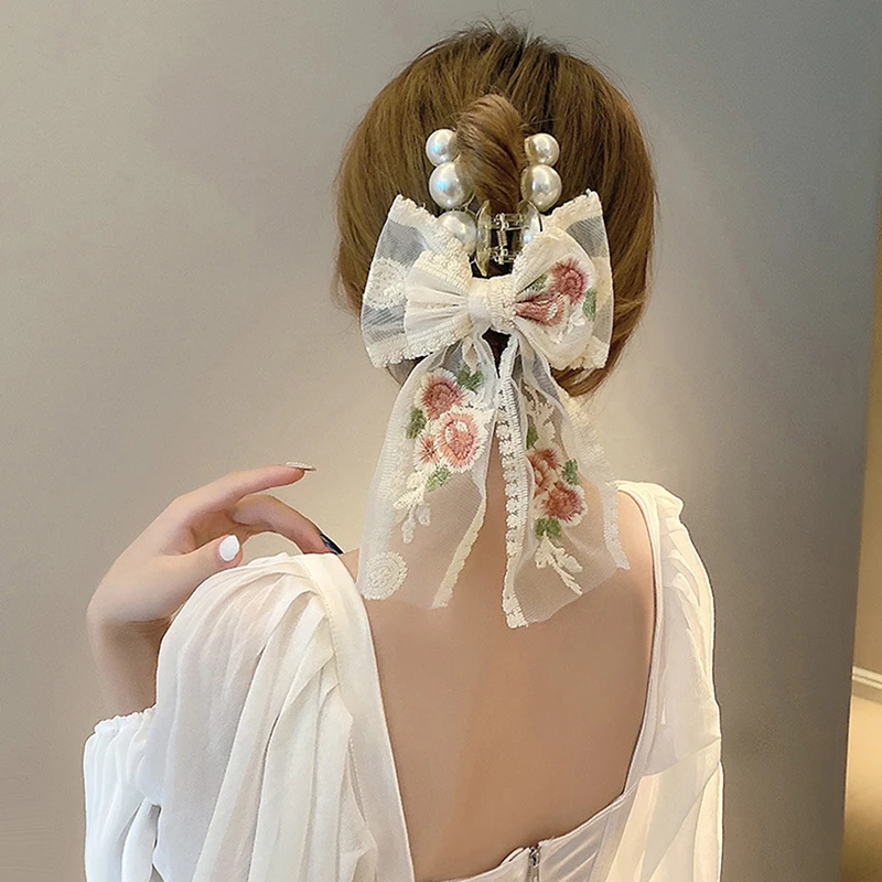Korean Ribbon Embroidery Flower Fabric Rose Lace Bow Hairpin Casual Girls Hair Accessories