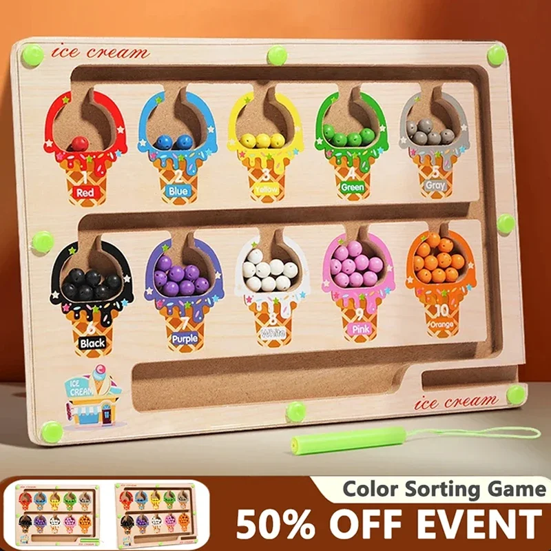 Kids Montessori Wooden Toy, Magnetic, Color Sorting Games Board