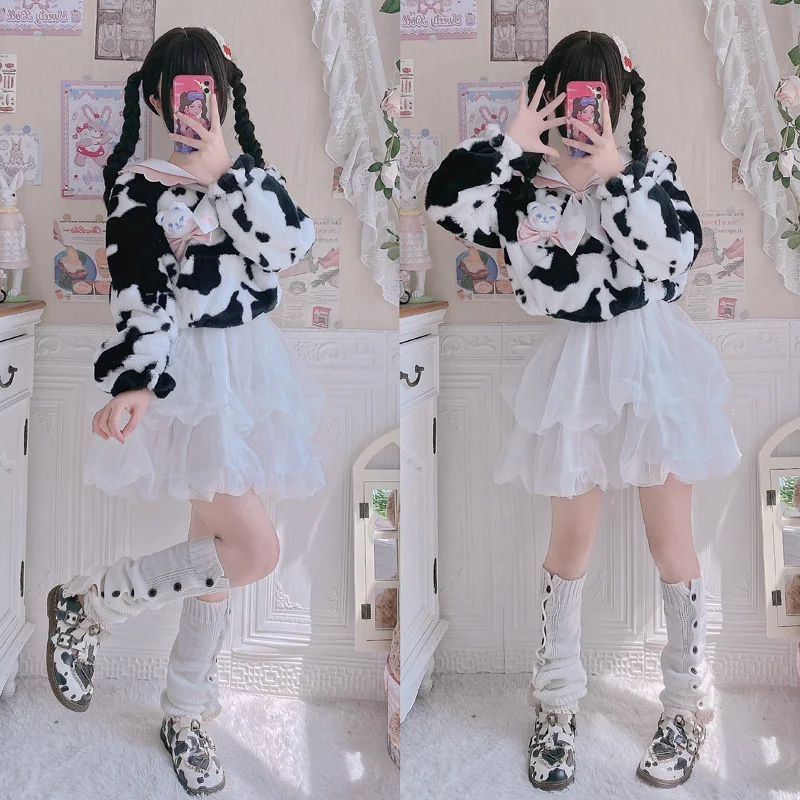 Cow Sweetheart Autumn Winter Lolita Coat Cute Student Cow Plush Sweater Jk Coat Plush Short Goth Dresses Women Lolita