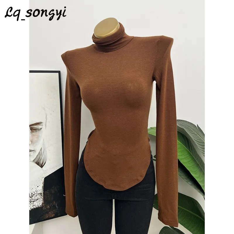 

Lq_songyi Sexy Turtleneck T Shirts Irregular Hem Slim Fit Tops Women High Strecth Tight Top Long Sleeve Solid Basic T Shirt