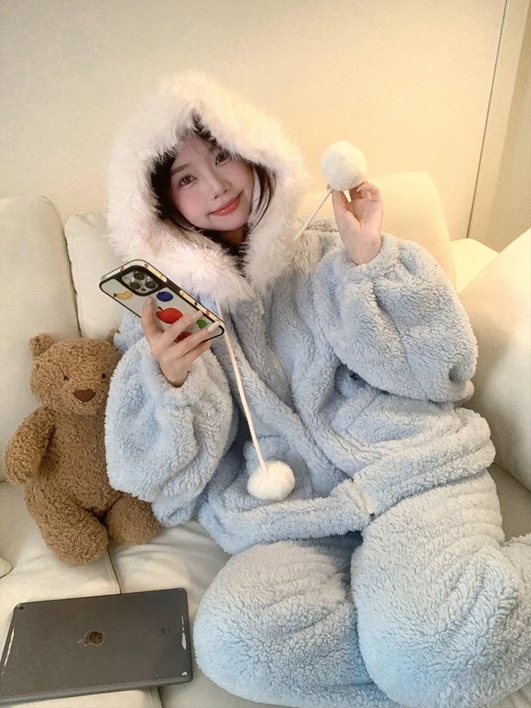 ملابس نوم نسائية شتوية جديدة من الصوف المرجاني الن...