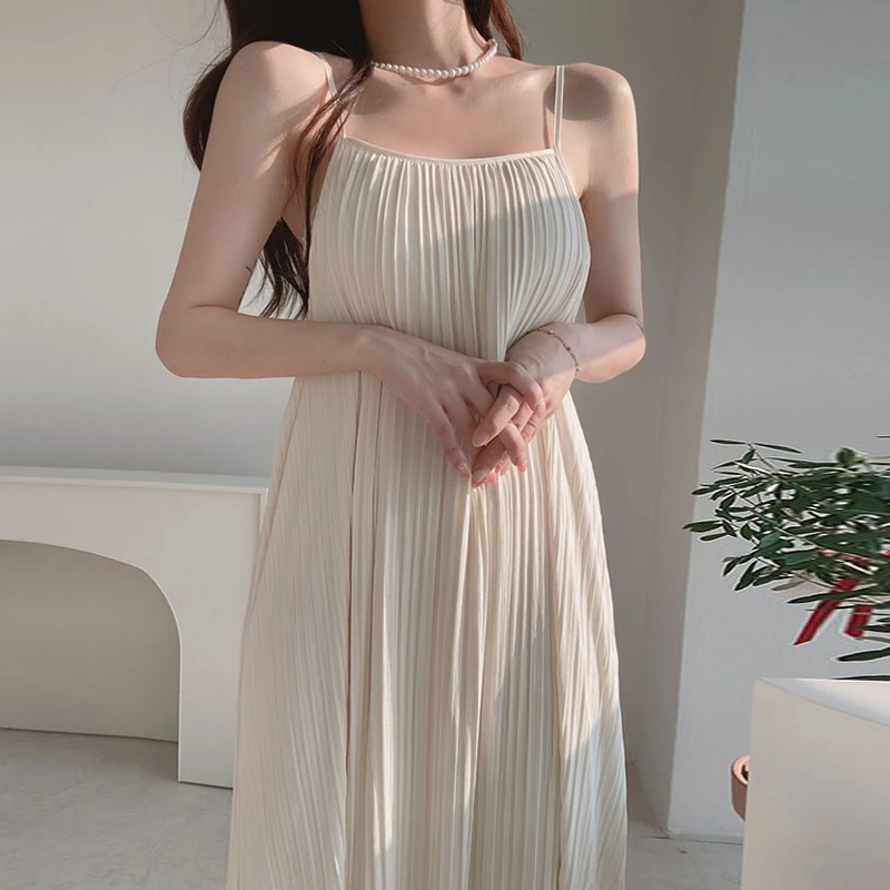 여름 새 스타일 경량 셔링 탱크 드레스 여성 캐주얼 루즈 피트 롱 드레스 휴가 느낌 솔리드 컬러 패션 