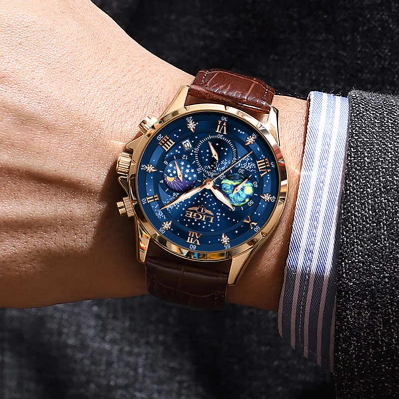 LIGE Men Watch Fashion Brown Leather 24 Hour Moon Phase Watch Men Military Waterproof Luminous Quartz Chronograph Reloj Hombre